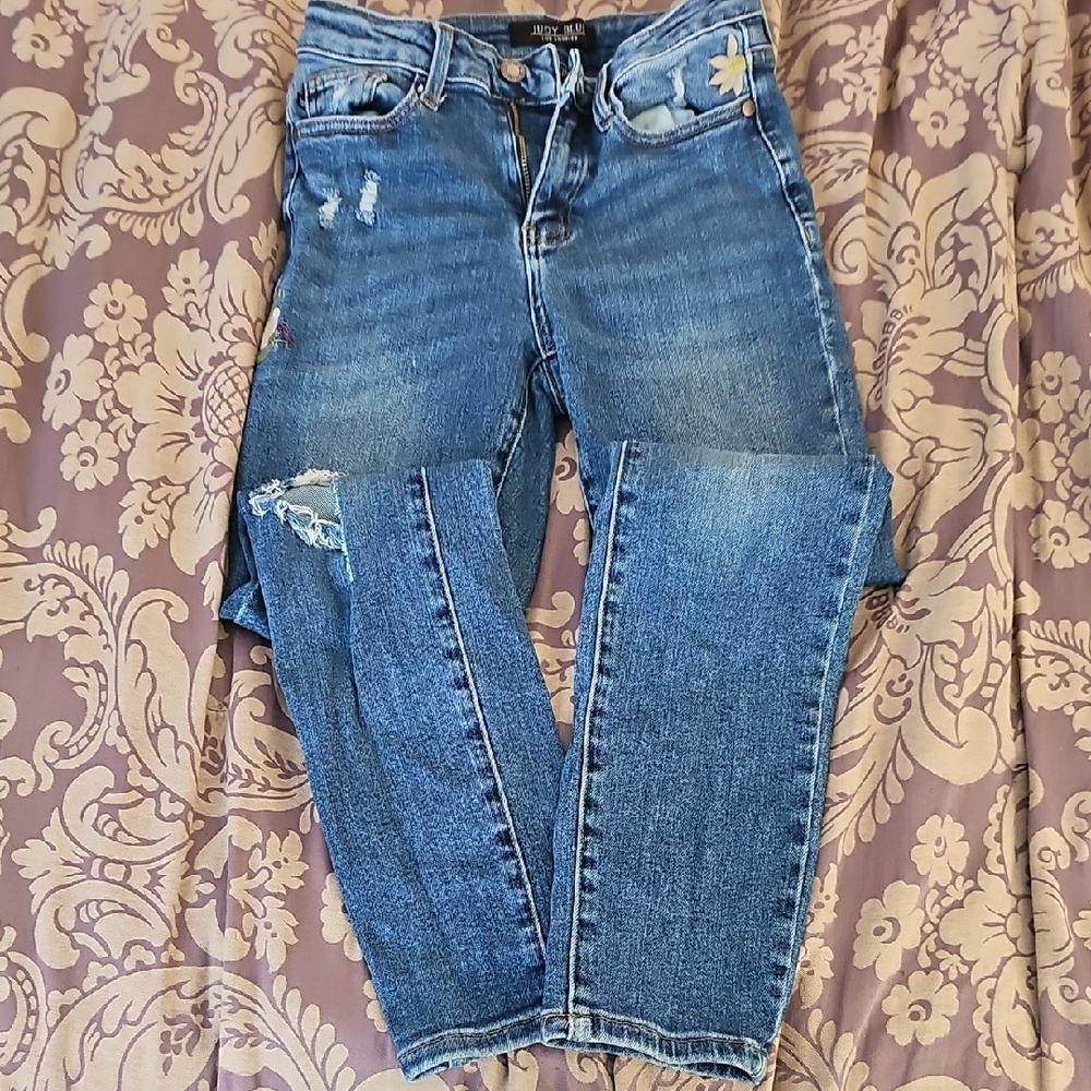 Judy Blue Mid-Rise Straight Leg Blue Jeans Medium Wash With Embroidery Size 0/24